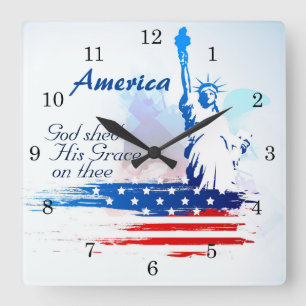 America God Shed His Grace on Thee, Patriotic Square Wall Clock