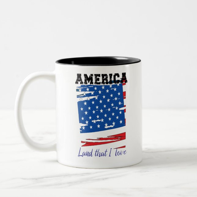 America, Land I Love, Distressed USA Flag Two-Tone Coffee Mug (Left)