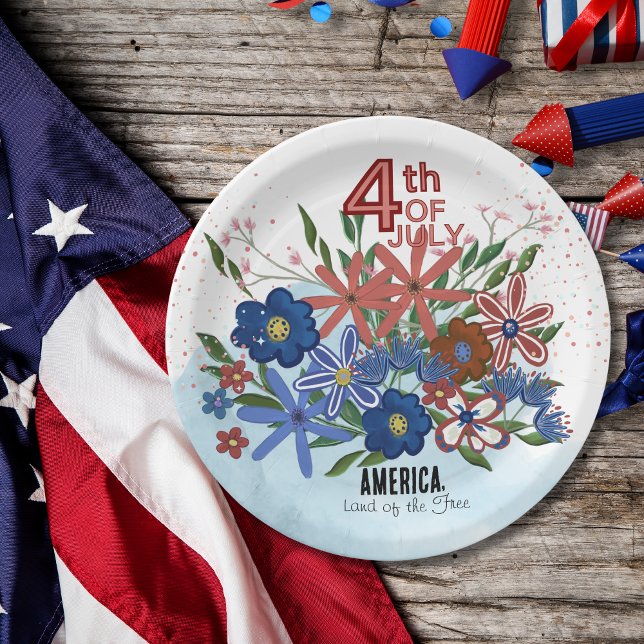 "America Land of the Free" 4th of July Flowers Paper Plate (America Land of the Free_ 4th of July Flowers Paper Plates)