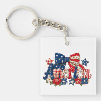 America Patriotic Bow and Floral Stars Celebration Key Ring