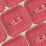 America Red 4th of July Decorations Paper Plates<br><div class="desc">Celebrate the 4th of July in style with this fun paper plate. Featuring the phrase "AMERICA the land that i love" in a fun font with patriotic colours and golden stars. Customise the script text.</div>