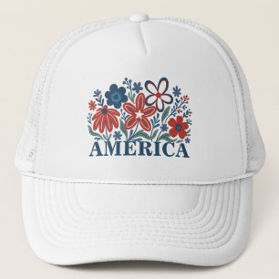 America Red, White and Blue Flowers tTrucker Hat