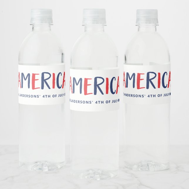 America | Red White and Blue Modern Text Water Bottle Label (Bottles)