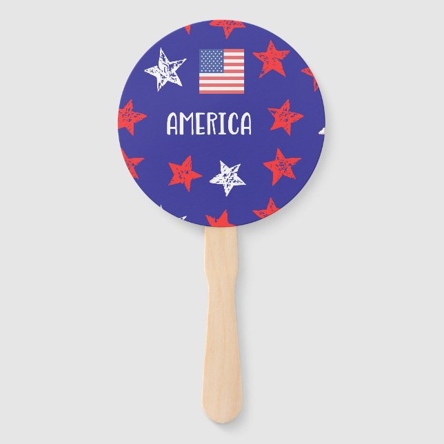 AMERICA Red White and Blue Stars and Flag Hand Fan (Front)