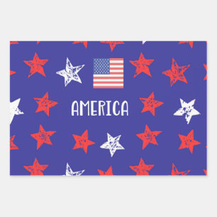 America Red & White Stars on Blue Wrapping Paper Sheet