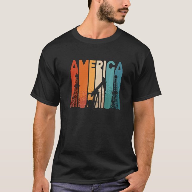 America Retro Roughneck Oil Rig Worker Workers Oil T-Shirt (Front)