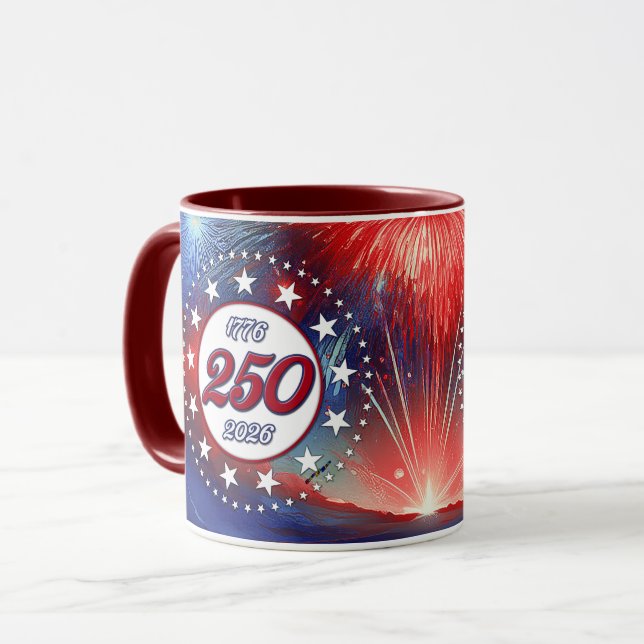 America’s 250th B-day Graphic Fireworks Clouds Wh Mug (Front Left)