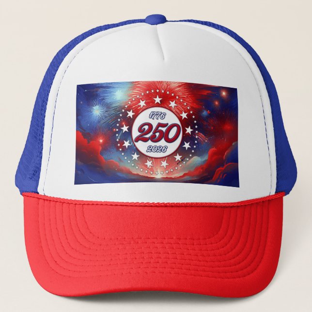 America’s 250th B-day Graphic Fireworks Clouds Wh Trucker Hat (Front)