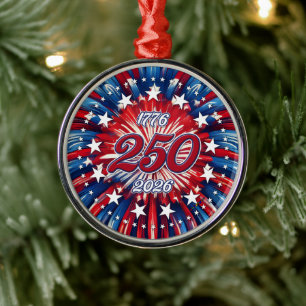 America’s 250th Birthday 1776-2026 RWB Fireworks Metal Ornament