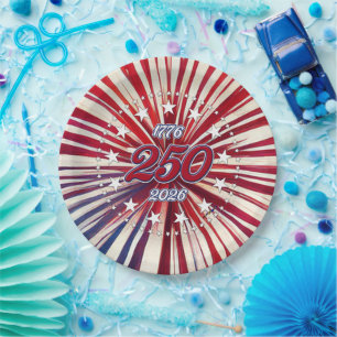 America’s 250th Birthday 1776-2026 RWB Fireworks Paper Plate