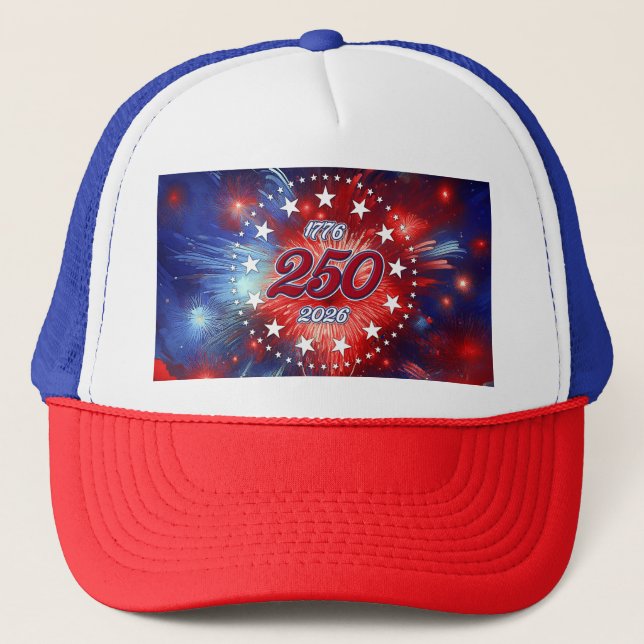 America’s 250th Birthday Graphic Fireworks Clouds Trucker Hat (Front)