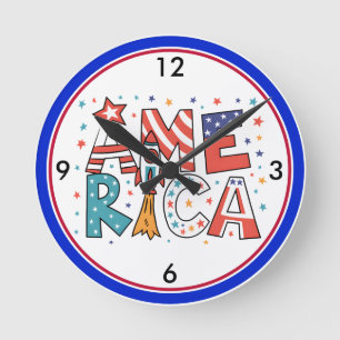 America Text and Stars Colourful Design Round Clock