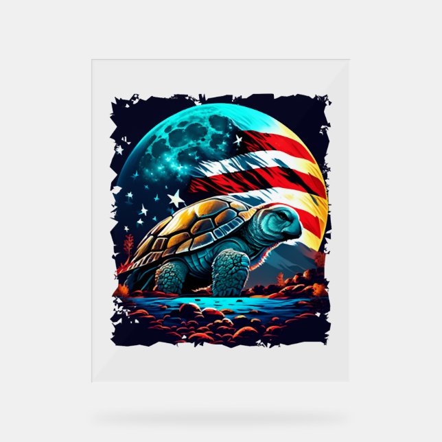America turtle under Moon with American Flag    Acrylic Sign (Front)