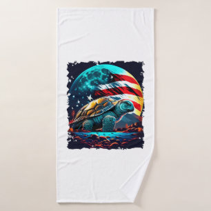 America turtle under Moon with American Flag Copy Bath Towel