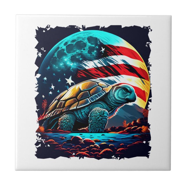 America turtle under Moon with American Flag Copy  Ceramic Tile (Front)