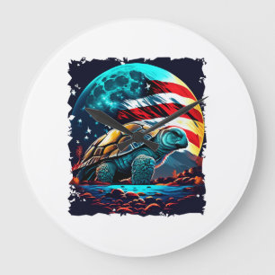America turtle under Moon with American Flag Copy Large Clock