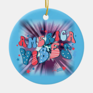 America Vibe - Groovy Retro Patriotic 4th Of July Ceramic Ornament