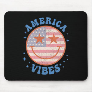 America Vibes Happy Face Smile American Flag 4th O Mouse Pad
