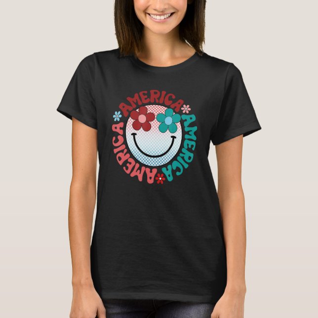 America Vibes Happy Face Smile Flower American 4th T-Shirt (Front)