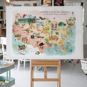 America   Watercolor Illustrated USA Map Postcard