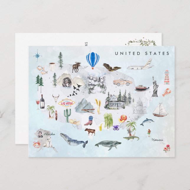 America | Watercolor Illustrated USA Map Postcard (Front/Back)