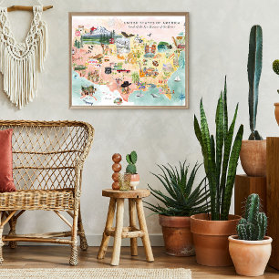 America   Watercolor Illustrated USA Map Poster