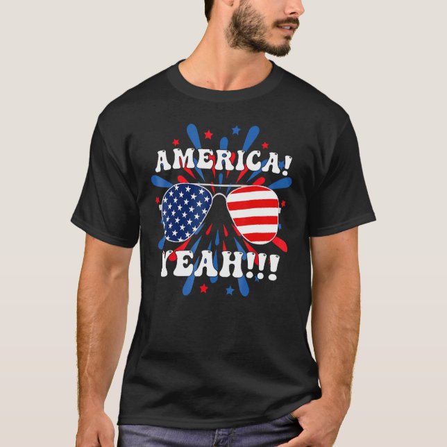 America Yeah Flag Sunglasses 4th Of July Fireworks T-Shirt (Front)