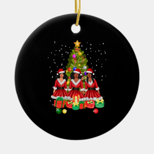 American African Christmas Santa Claus Black Girls Ceramic Ornament (Front)