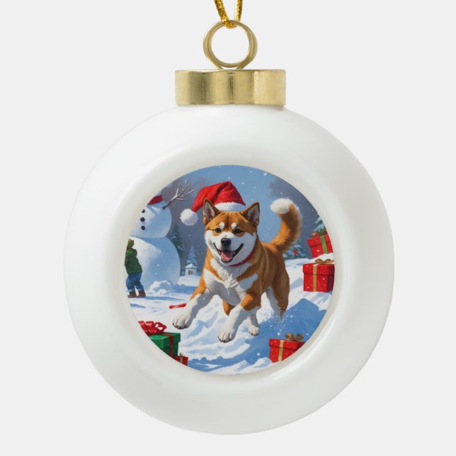 American Akita Christmas Festive Snow Scene Ceramic Ball Christmas Ornament (Front)