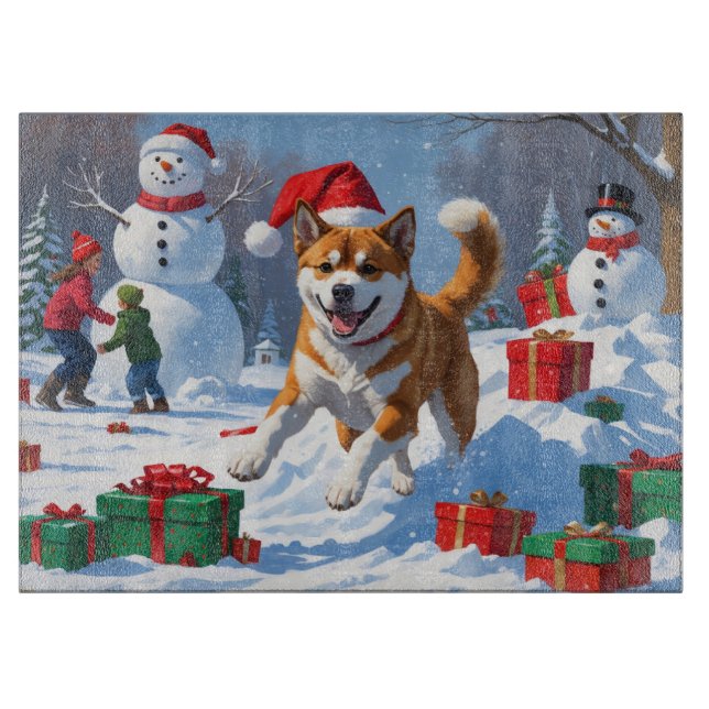 American Akita Christmas Festive Snow Scene Cutting Board (Front)