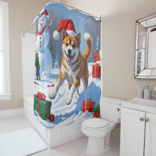 American Akita Christmas Festive Snow Scene Shower Curtain