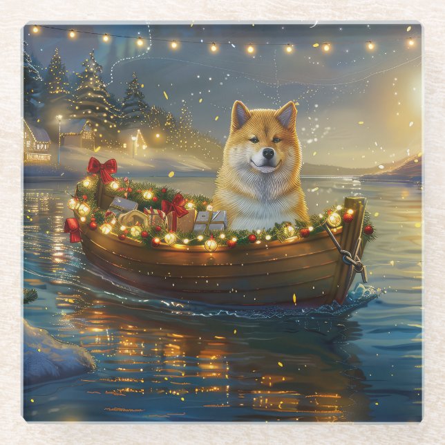American Akita Christmas Festive Voyage Glass Coaster (Front)