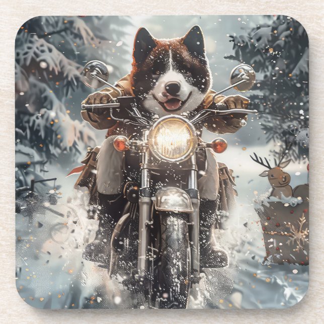 American Akita Dog Riding Motorcycle Christmas  Coaster (Front)