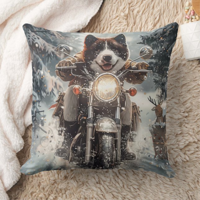 American Akita Dog Riding Motorcycle Christmas  Cushion (Blanket)