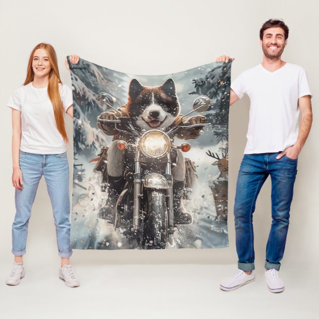 American Akita Dog Riding Motorcycle Christmas  Fleece Blanket (In Situ)