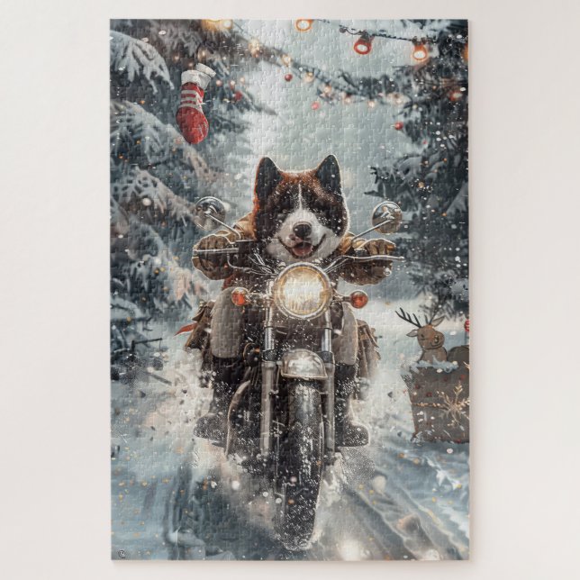 American Akita Dog Riding Motorcycle Christmas  Jigsaw Puzzle (Vertical)