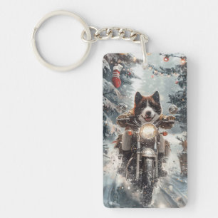 American Akita Dog Riding Motorcycle Christmas Key Ring