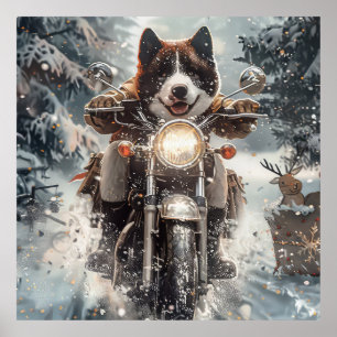 American Akita Dog Riding Motorcycle Christmas  Poster