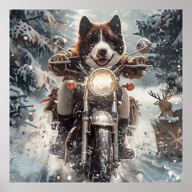 American Akita Dog Riding Motorcycle Christmas  Poster (Front)