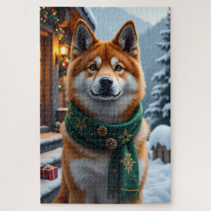American Akita Mountain Lodge Christmas Portrait Jigsaw Puzzle