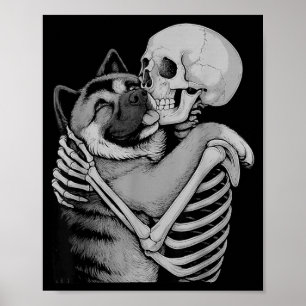 American Akita Skeleton Hug Halloween Dog Lover Poster