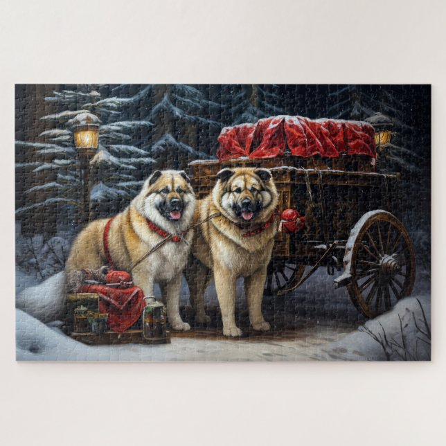 American Akita Snowy Sleigh Ride Christmas Decor Jigsaw Puzzle (Horizontal)