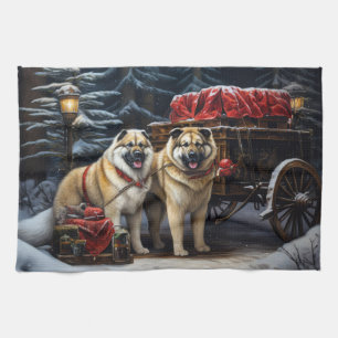 American Akita Snowy Sleigh Ride Christmas Decor Tea Towel