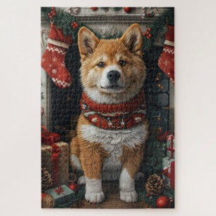 American Akita With Christmas Gifts Fireplace Jigsaw Puzzle