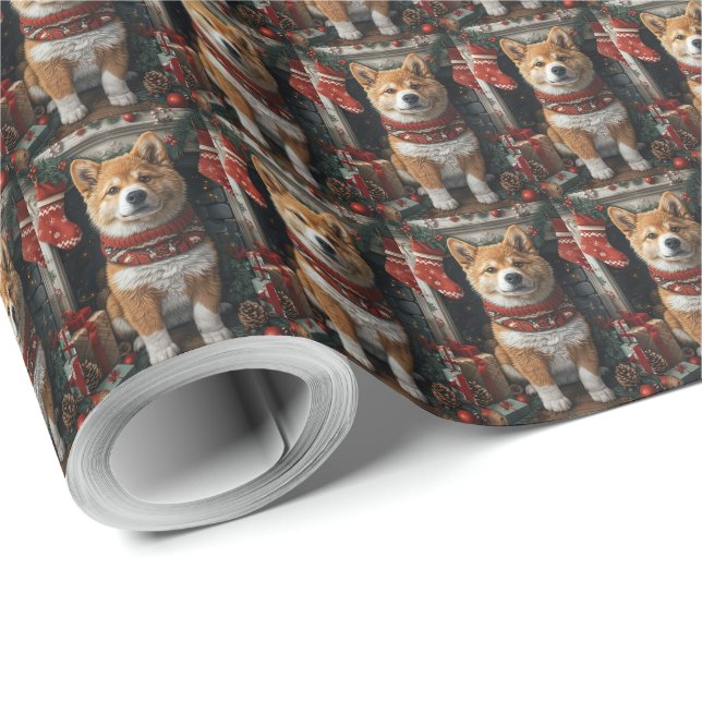 American Akita With Christmas Gifts Fireplace Wrapping Paper (Roll Corner)