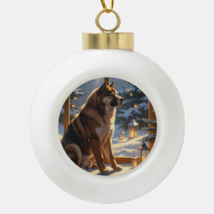 American Akita With Christmas Lights Holiday Ceramic Ball Christmas Ornament