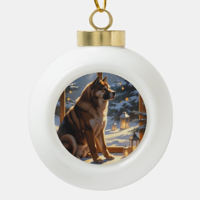 American Akita With Christmas Lights Holiday Ceramic Ball Christmas Ornament (Front)