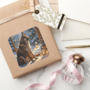 American Akita With Christmas Lights Holiday Square Sticker