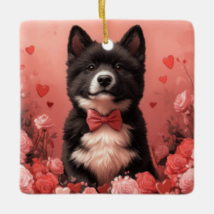 American Akita with Roses - Valentine's Day Ceramic Ornament