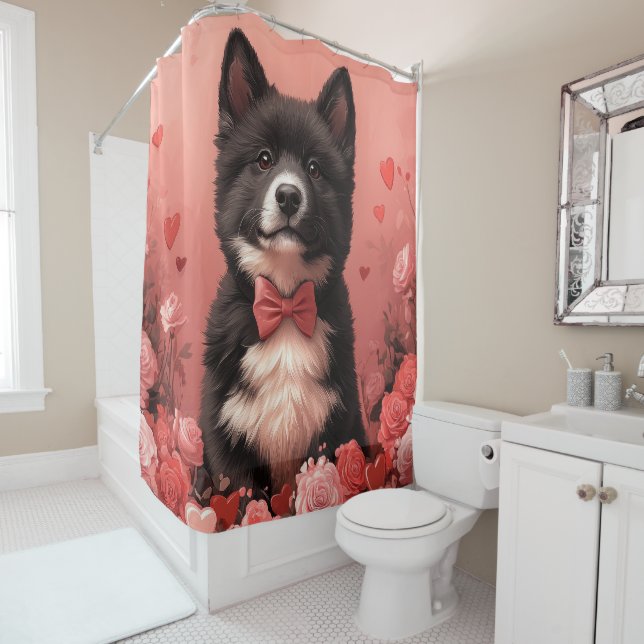 American Akita with Roses - Valentine's Day Shower Curtain (In Situ)